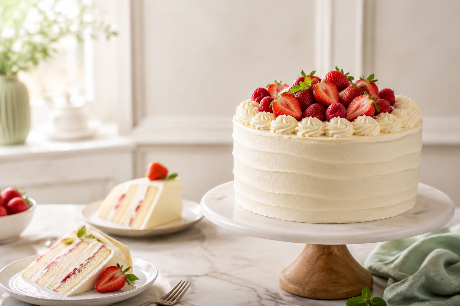 Decorated layer cake with berries on a bakery counter